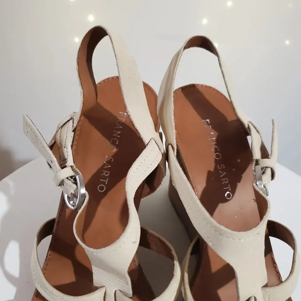 Franco Sarto Honduras Stacked Wedge Open Toe Leather Sandals Womens Size 9 Cream